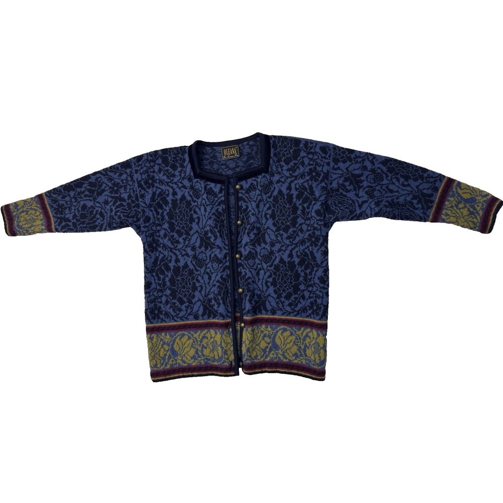 Oleana The Norwegian Story Size M Medium Blue Floral 100% Wool Cardigan Sweater